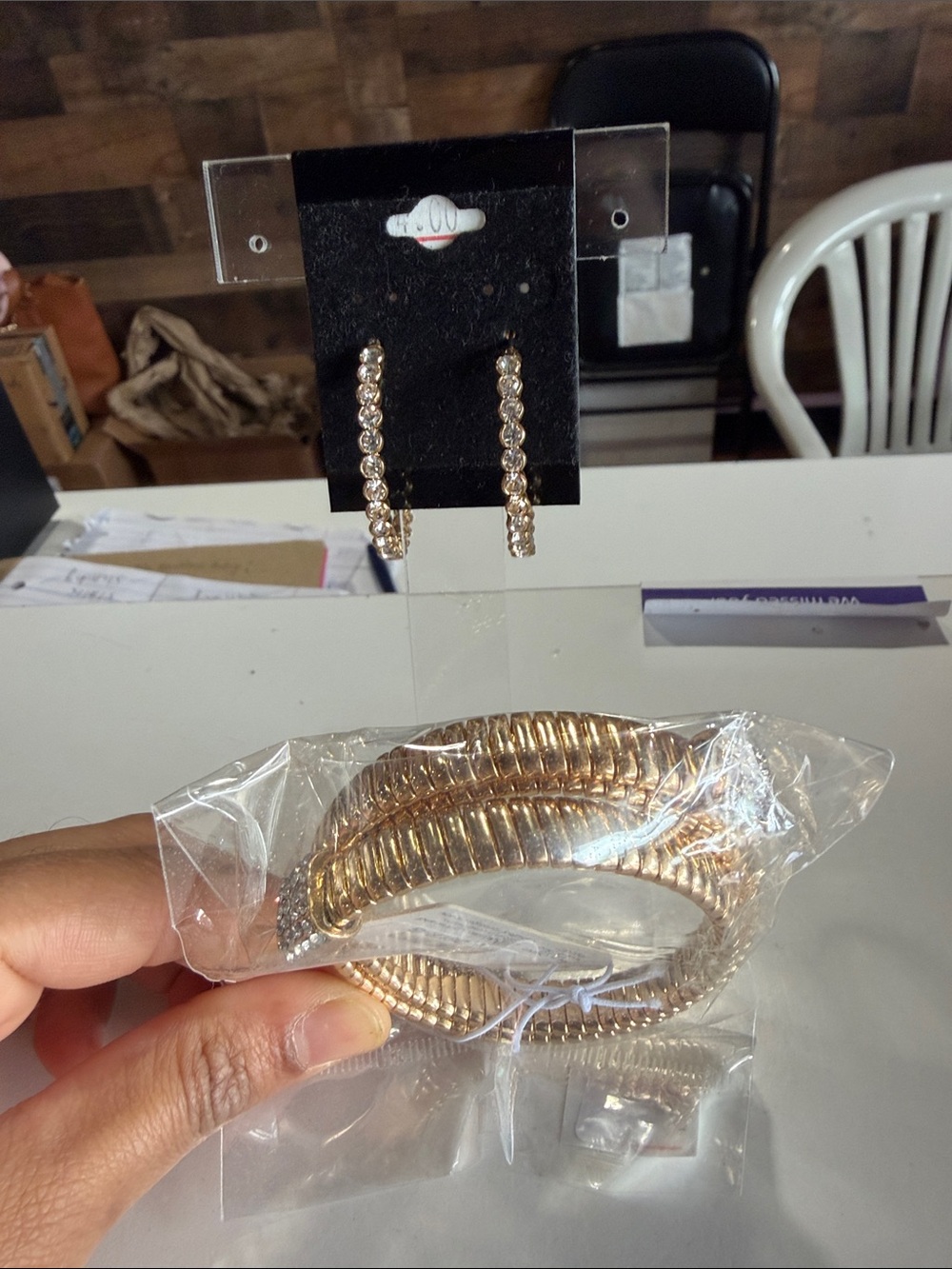 Gold-Tone Ribbed Bracelet and Hoop Earring Set